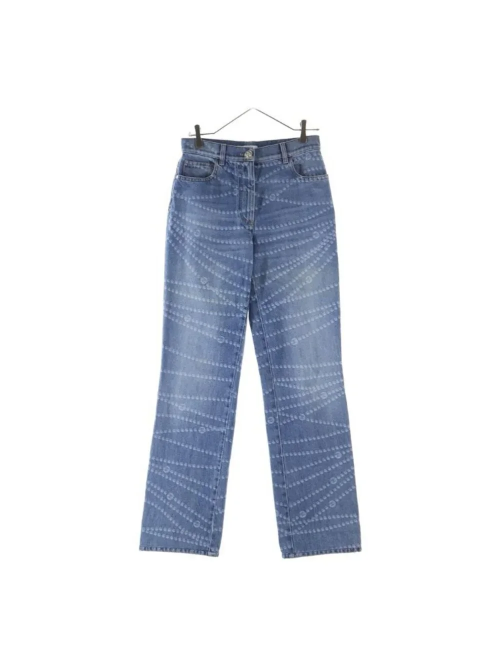 Chanel CC Logo Pearl Print Wide Leg Denim CC Leg All Over Pattern Zip Fly Long